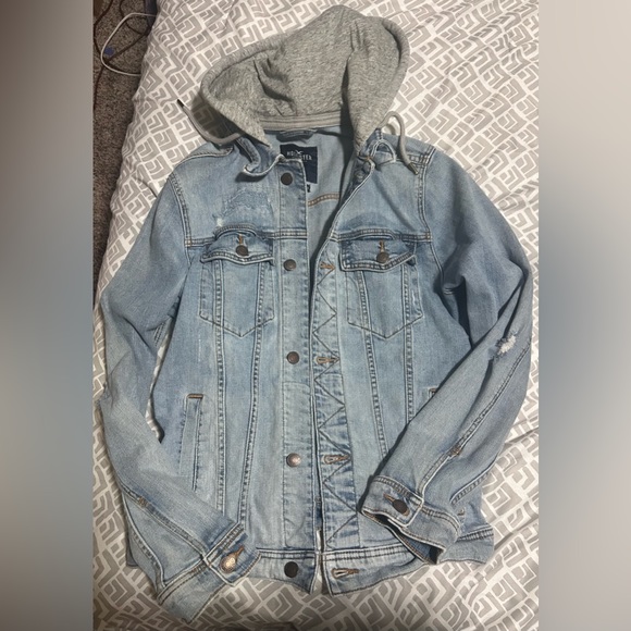 Hollister distressed light blue denim jean coat w/ grey sweatshirt hood -size m - Picture 3 of 11